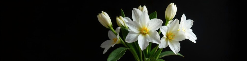 Fototapeta premium Delicate white flowers blooming in a vase with isolated apricots on black background, floral, blossoms, petals
