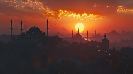 Obraz premium Islamic city skyline with mosque and minarets against a sunset sky.