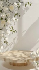 Elegant White Roses and Wooden Table in Bright Minimalist Setting