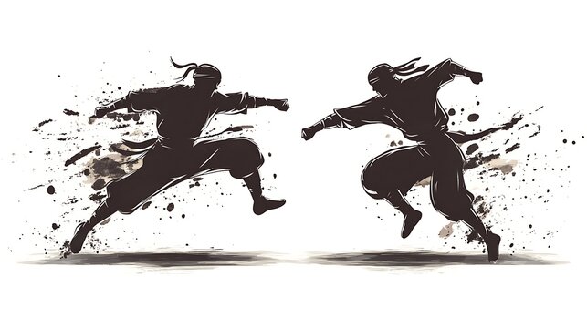 Two ninjas battle mid-air with dynamic motion blur