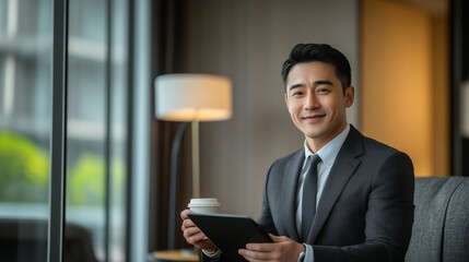 Asian businessman in a formal suit holds a coffee cup and a tablet in a minimal room background.
