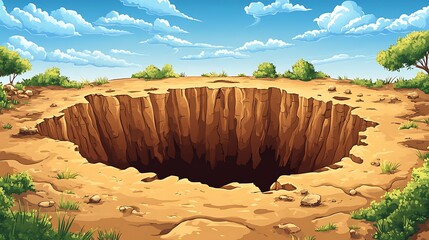 Huge sinkhole in desert landscape under cloudy sky