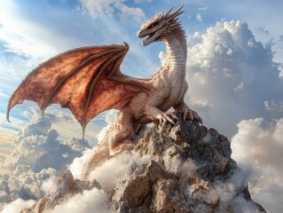 Obraz premium Majestic Fantasy Dragon Perched on Mountain Peak Amidst Dramatic Cloudscape in a Breathtaking Sky