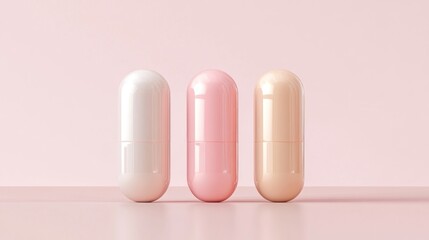 Obraz premium Three pastel capsules on pink background. Health supplement mockup