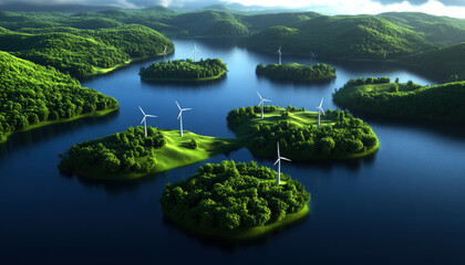 Fototapeta premium Experience the beauty of renewable energy with lush green islands, surrounded by serene waters and equipped with wind turbines, showcasing a perfect blend of nature and technology.