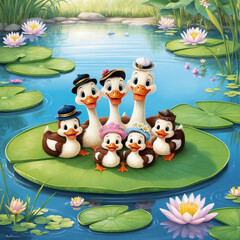 Fototapeta premium ducks with its children in the water pond 