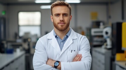 Fototapeta premium Confident Male Scientist Standing in Lab with Crossed Arms and Professional Attire in Modern Laboratory Setting