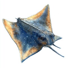 A detailed illustration of a blue-spotted stingray swimming gracefully in a vibrant underwater scene