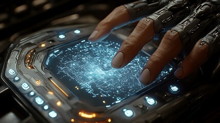 A cybernetic hand interacts with a futuristic digital map interface