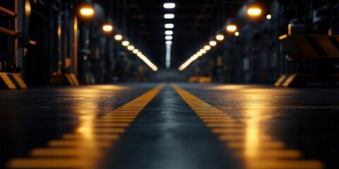 A dimly lit industrial space with a focus on yellow-striped flooring and distant lights creating an atmospheric perspective.