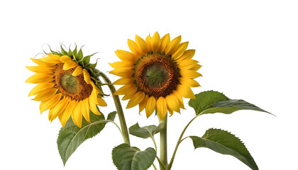 Obraz premium Two Sunflowers Blooming Bright Against White Background