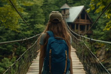 A woman wearing a blue backpack is walking across a bridge