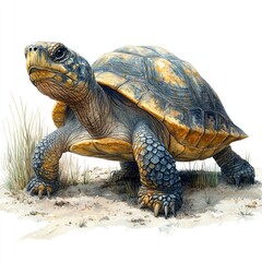 Obraz premium A realistic illustration of a tortoise walking on sandy terrain with grass in the background