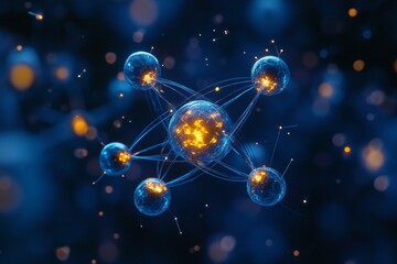 A blue and orange sphere with a yellow center surrounded by other spheres