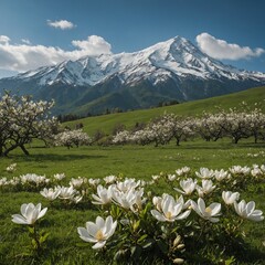 A park with green meadows, white magnolias in full bloom, and a mountain range in the background.