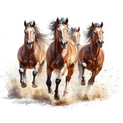 A dynamic scene of four galloping horses in a sandy landscape, showcasing their strength and speed