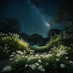 A magical park with glowing white flowers amidst green bushes under a starry night sky.