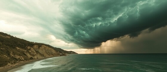 Fototapeta premium Dramatic Coastal Storm Dark Clouds Lightning Ocean