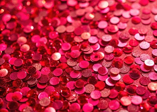 Sparkling red sequins and glitter create a festive wallpaper, a shiny red fabric texture perfect for holiday celebrations.