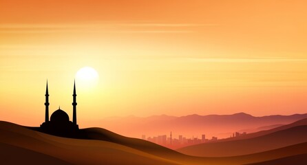 Silhouette of Mosque and Buildings in Dark Orange Background
