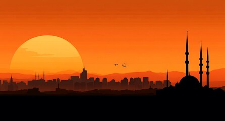 Obraz premium Silhouette of Mosque and Buildings in Dark Orange Background