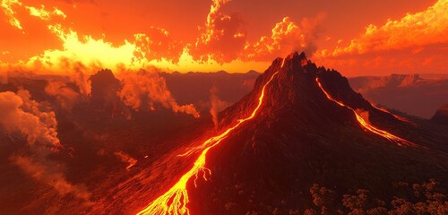 Fototapeta premium Volcano at dusk, with glowing lava slowly flowing down its slopes, smoky clouds in the air, and a stunning orange-red sky illuminating the scene.
