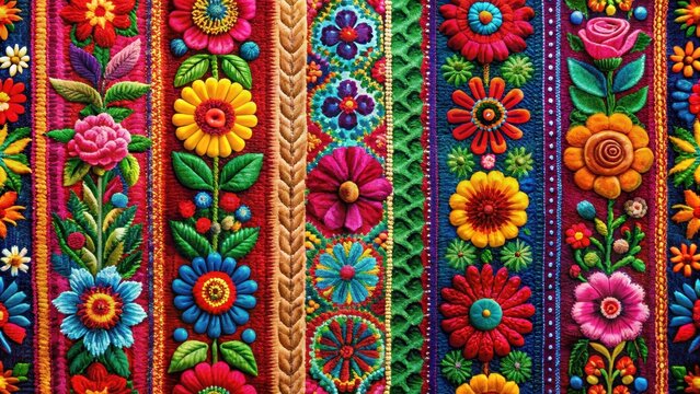 Colorful floral motifs on a vibrant background with traditional Hispanic textiles and intricate designs, evoking the rich cultural heritage of Latin America , Textile design, Floral patterns