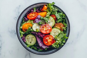 A vibrant garden salad in a dark bowl.
