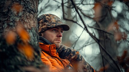 Obraz premium A man in an orange jacket and camouflage hat is observing nature in a serene forest. He enjoys the tranquility of the outdoors. Generative AI