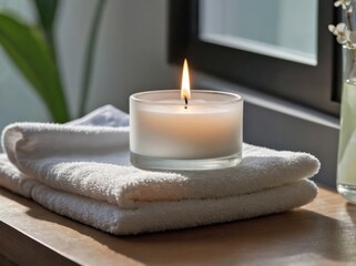 A small tealight candle in a frosted glass holder