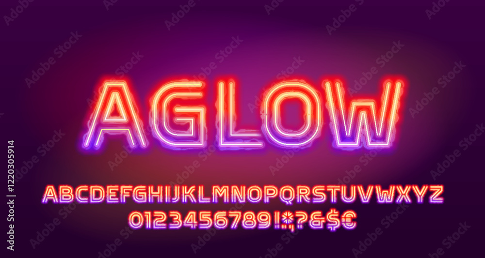 Fototapete aglow alphabet font. bright glowing letters and numbers. stock vector typescript for your design.