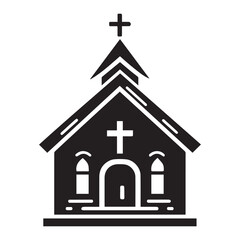 Simple black and white illustration of a church building.