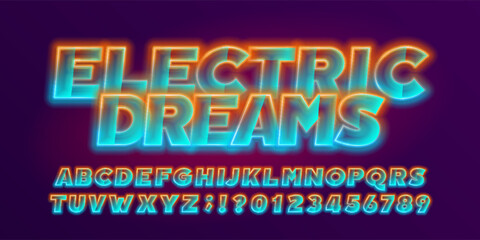 Electric Dreams alphabet font. Colorful neon letters and numbers. Stock vector typescript for your design.