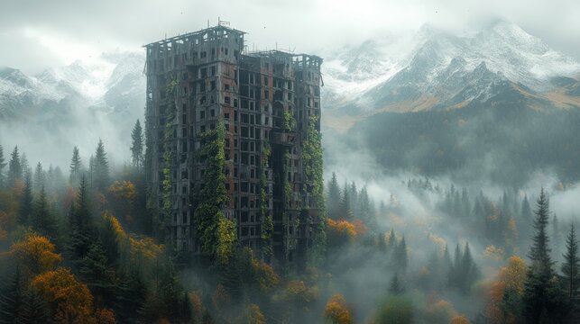Overgrown ruined highrise building in misty mountain forest.