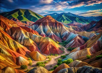 Unreal Altai scenery!  Bokeh photography captures vibrant clay cliffs, a stunning, dreamlike panorama of color.