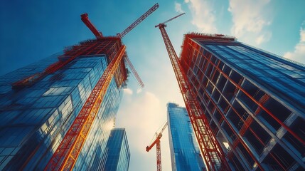 Large construction site with busy tower cranes at high rise building