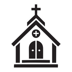 Simple black and white illustration of a church building.