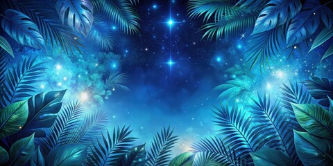 Tropical Night Sky with Glowing Plants , branches, blue,  branches, blue, neon jungle background, colors, light