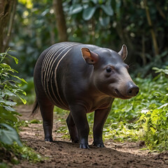 Fototapeta premium tapir on its habitat, sunset, mountain, river, wildlife photography, Rare Animal, extinct animals