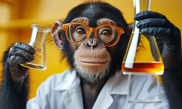 A monkey in glasses and a lab coat holding a flask, embodying a scientist.