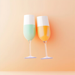 Elegant champagne glasses with colorful drinks against soft background