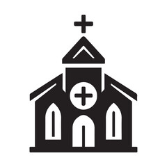 Simple black and white illustration of a church building.