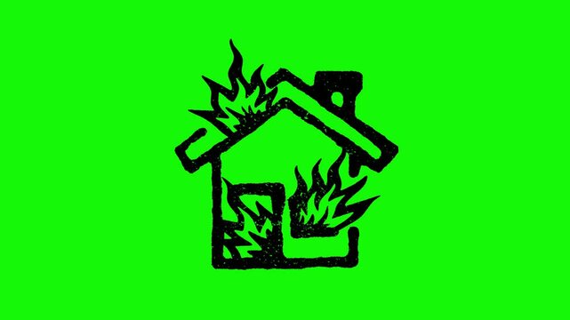 Hand drawn burning house icon animated. Green background