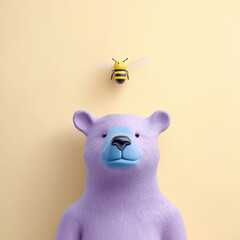 playful purple bear looks up at buzzing bee against yellow background