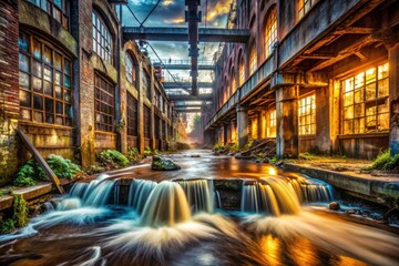 Fototapeta premium Urban decay's hidden streams: exploring abandoned structures through flowing water photography.