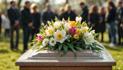 An outdoor funeral service with an eco friendly coffin, spring flowers and mourners, a graveyard burial moment at spring time in sunny daylight