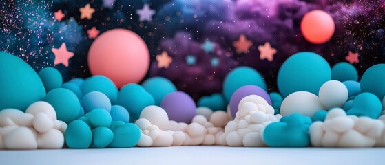 Pastel Galaxy Dreamscape  Abstract 3D Render of Colorful Spheres and Clouds