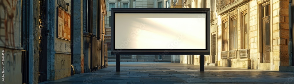 Poster Empty urban billboard in historical architecture setting with soft evening light illuminating street and buildings in background, ideal for advertising displays