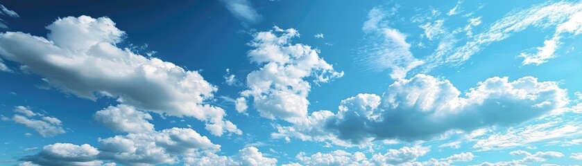 Vast Sky with Fluffy Clouds and Bright Sunlight Illuminating the Tranquil Blue Horizon in a Beautiful Atmospheric Landscape