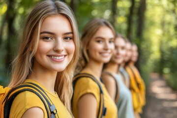 Naklejka premium Group of young hikers smiling forest trail nature adventure outdoor bright green environment close-up view
